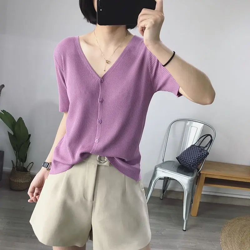 

Women's Spring/Summer Solid Color V-neck Button Fashion Elegance Versatile Loose Short Sleeve Thin Korean Knitted Cardigan Tops