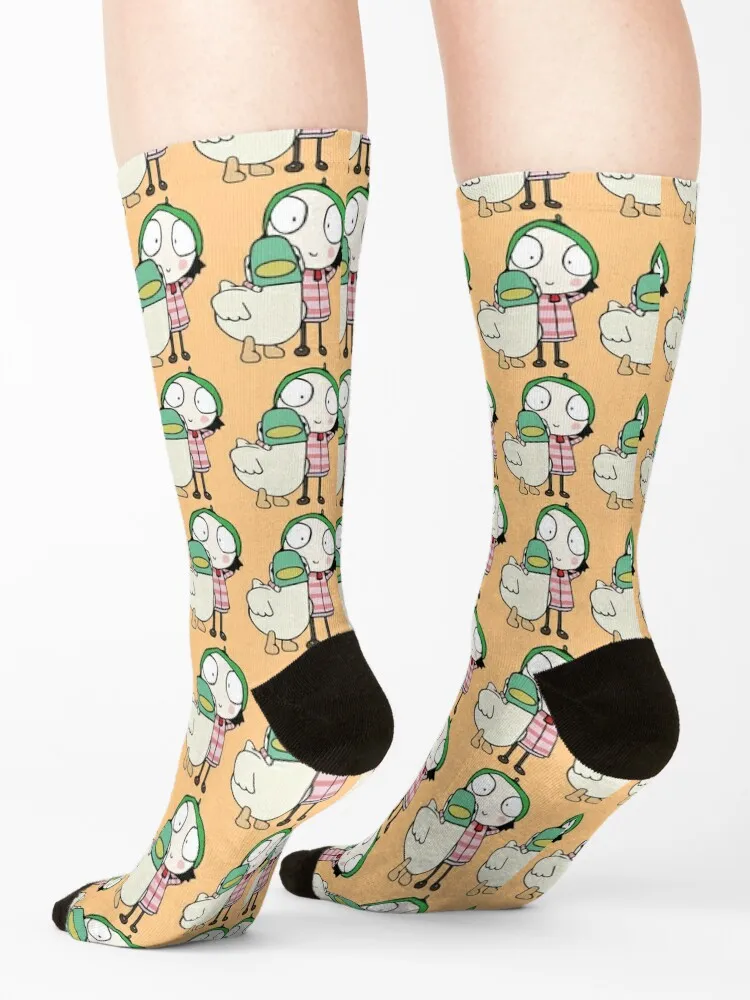 Calcetines con estampado floral para hombre y mujer, calcetín unisex de dibujos animados, diseño de Sara y Duck