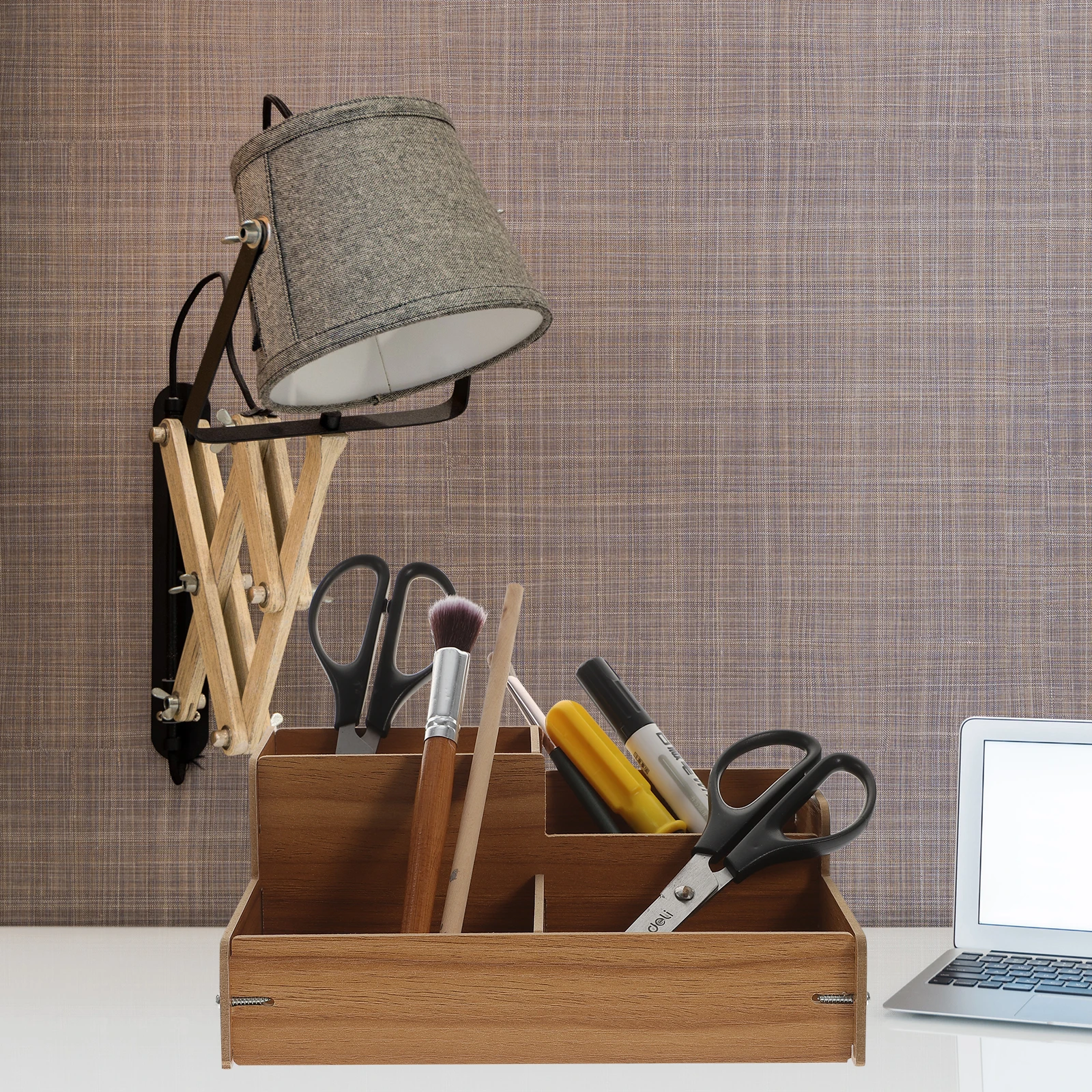 

Pencil Holder Stationery Storage Box Organizer Desk with Drawer Holders Light Brown Desktop Drawers Office