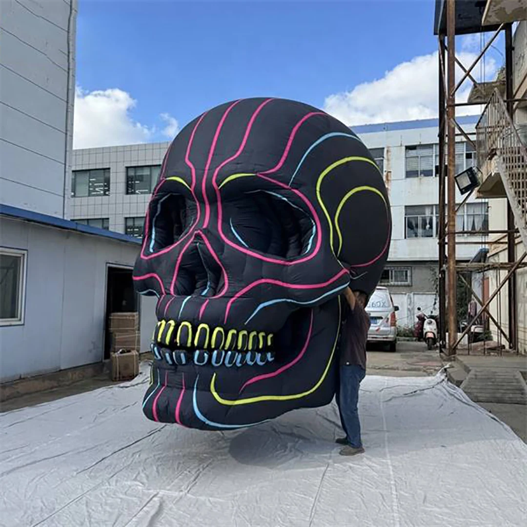 Giant Inflatable Psychedelic Skull Model Blow Up Neon Line Skeleton Statue For Halloween Haunted House Stage Outdoor Party Decor