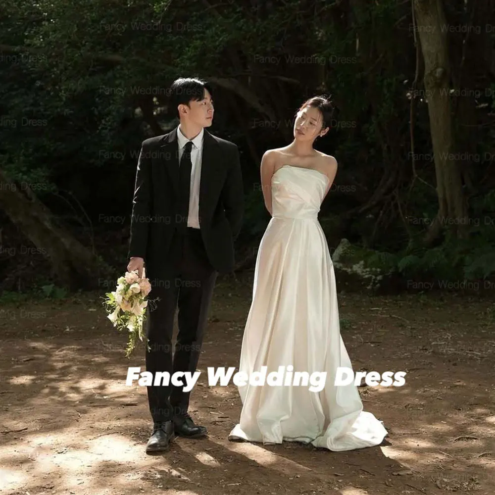 

Fancy Charming Strapless Wedding Dress Korea Photo Shoot A Line Soft Satin Bridal Gown Floor Length Back Corset Customized