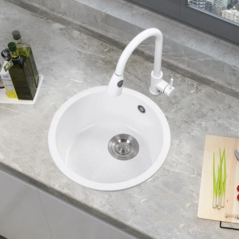 White round quartz stone sink single-slot kitchen sink basin under the table sink island bar small balcony