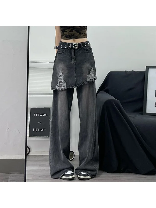 

Retro American Style Distressed High Waist Wide Leg Jeans for plus Size Women Straight Cut Denim Skinnies College Style