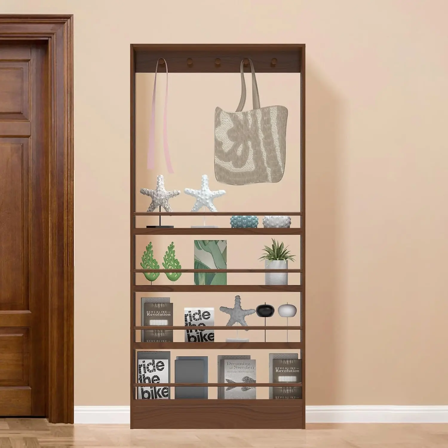 

Behind Door Bookshelf, 31.5" Wide Wooden Wall Mount Shelf with Hooks, Space-Saving Storage for Kids & Adults, Perfect fo