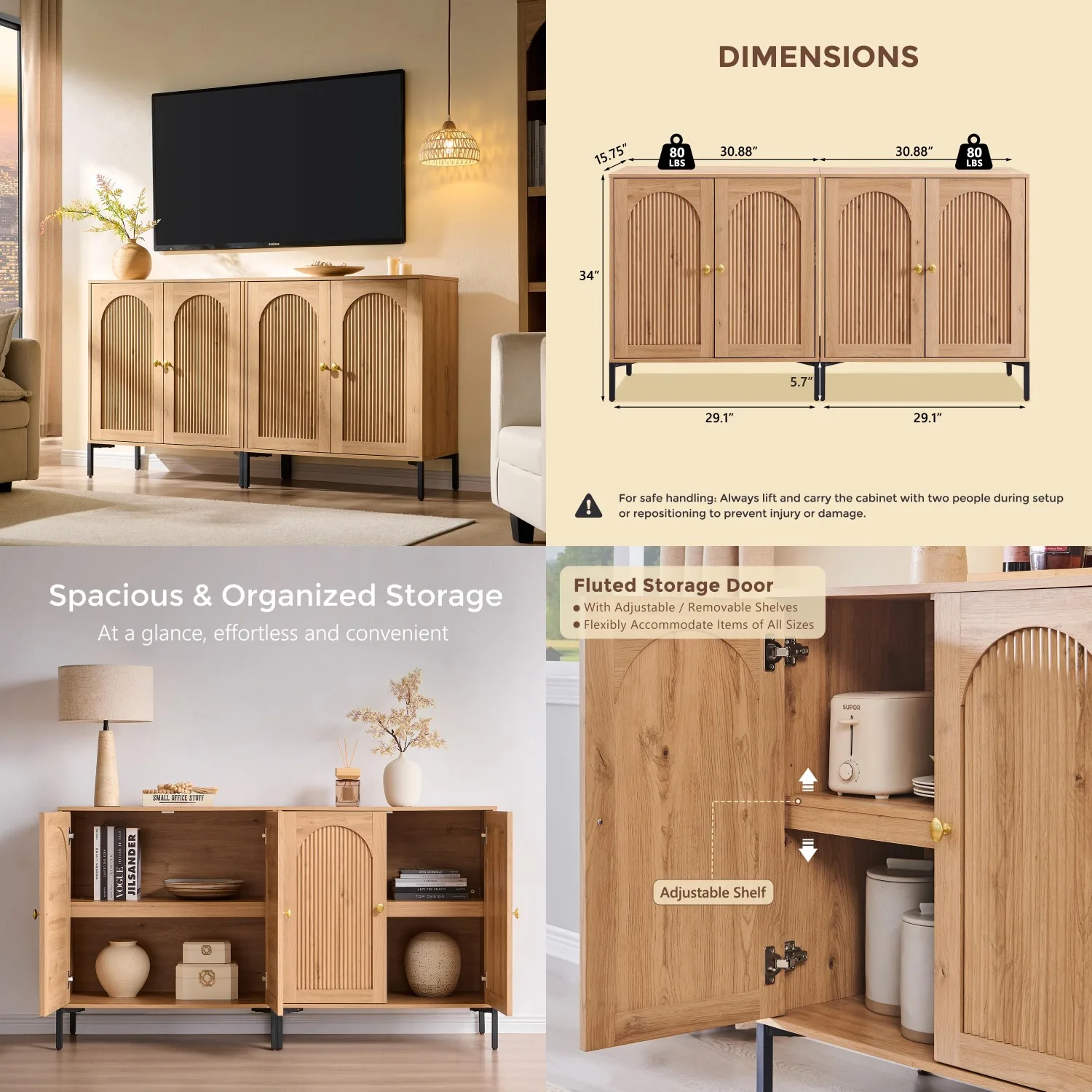 

61.75in Mid Century TV Stand Wood w/Adjustable Shelves Arched Fluted Doors Media Console Cabinet for Living Room, Customized