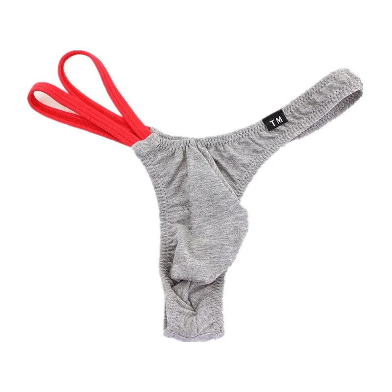 Men's Cotton Thong Underwear, Contrast Red Double Back Strap Low Rise U-Pouch High Elastic Breathable Sexy Male T-back