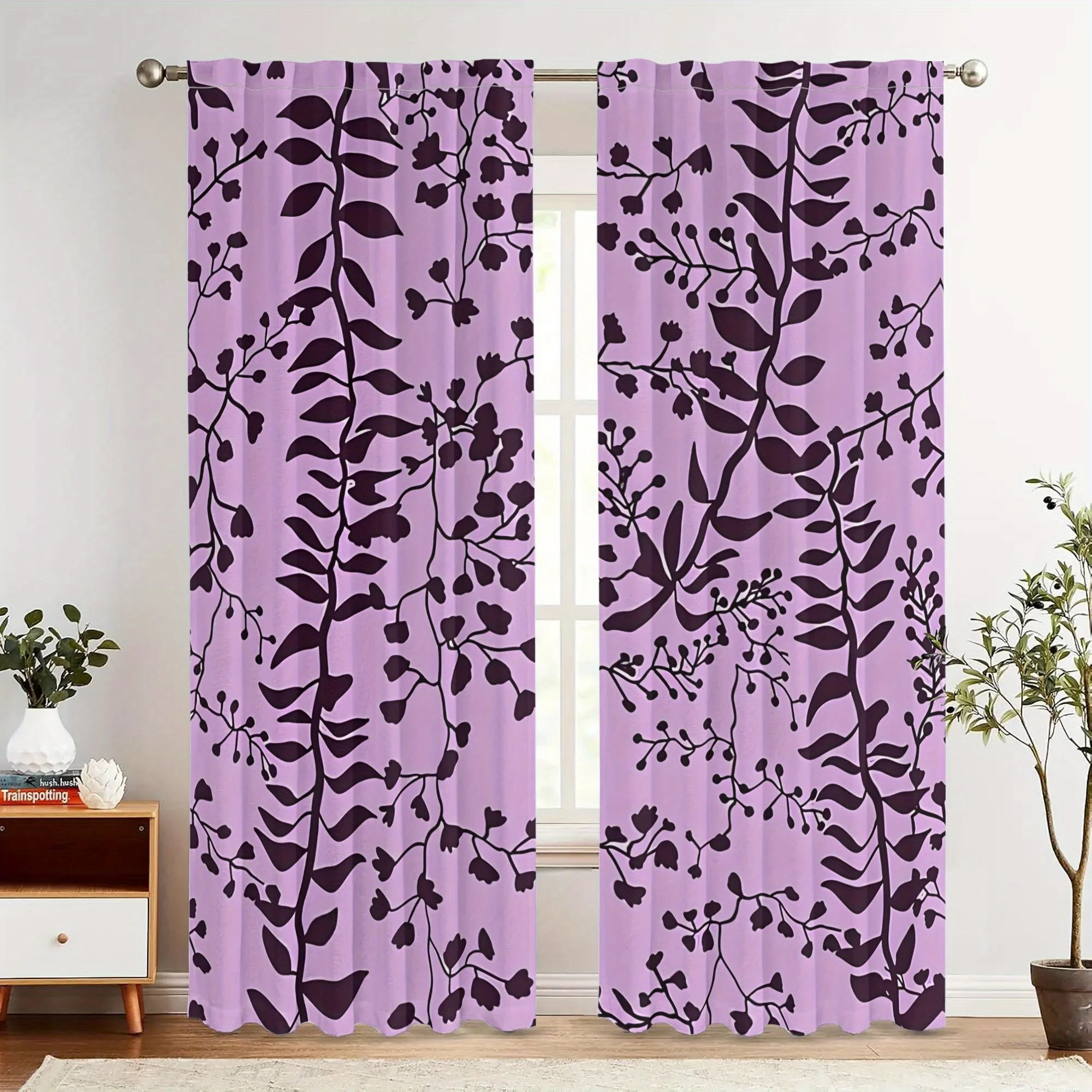 Elegant Purple Floral Botanical Leaf Curtains Window Drapery Home Decor Living Room Curtain Panels Patio Window