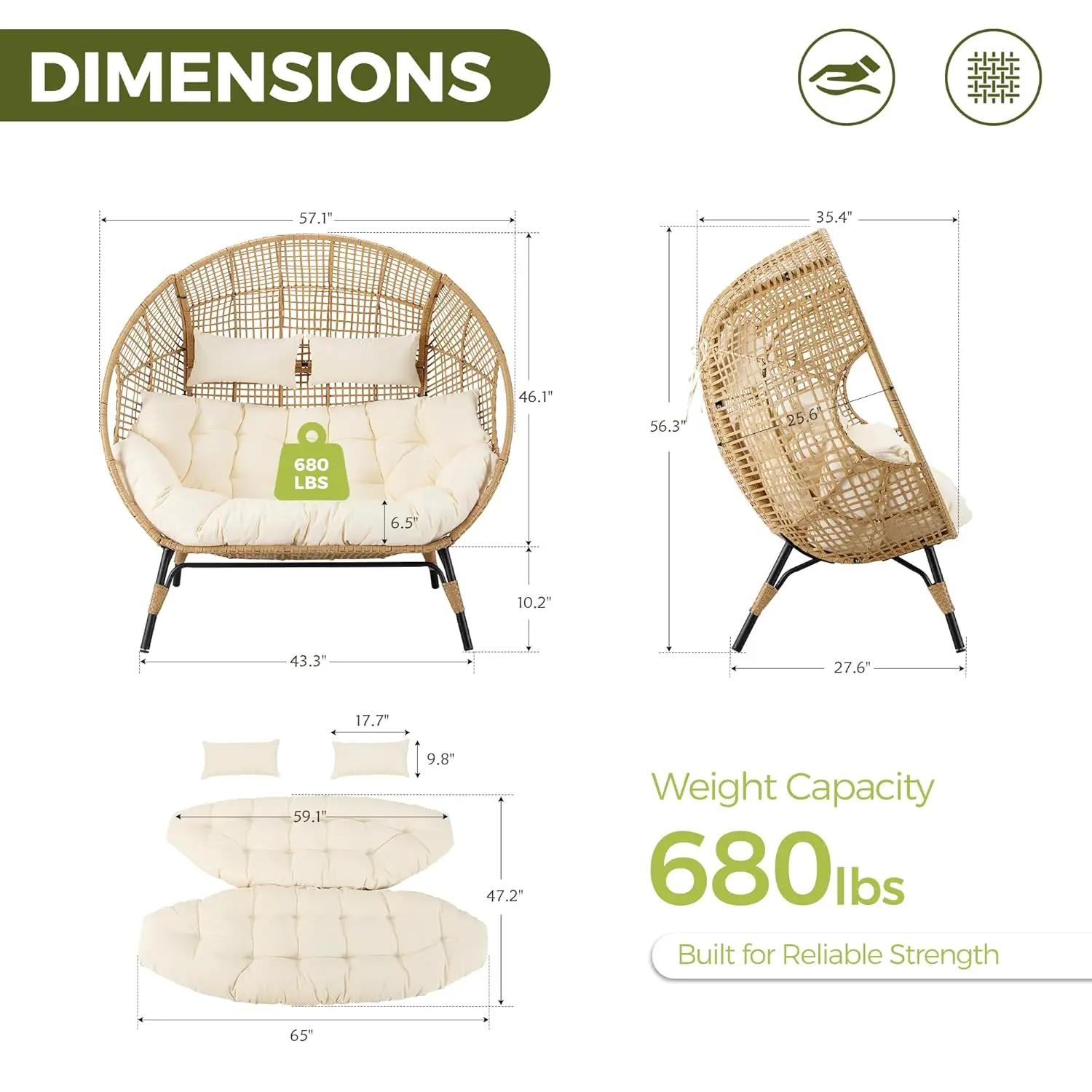 Oversized Double Egg Loveseat 680lb Wicker Rattan Cushioned Patio Balcony Garden Indoor Customized image 2