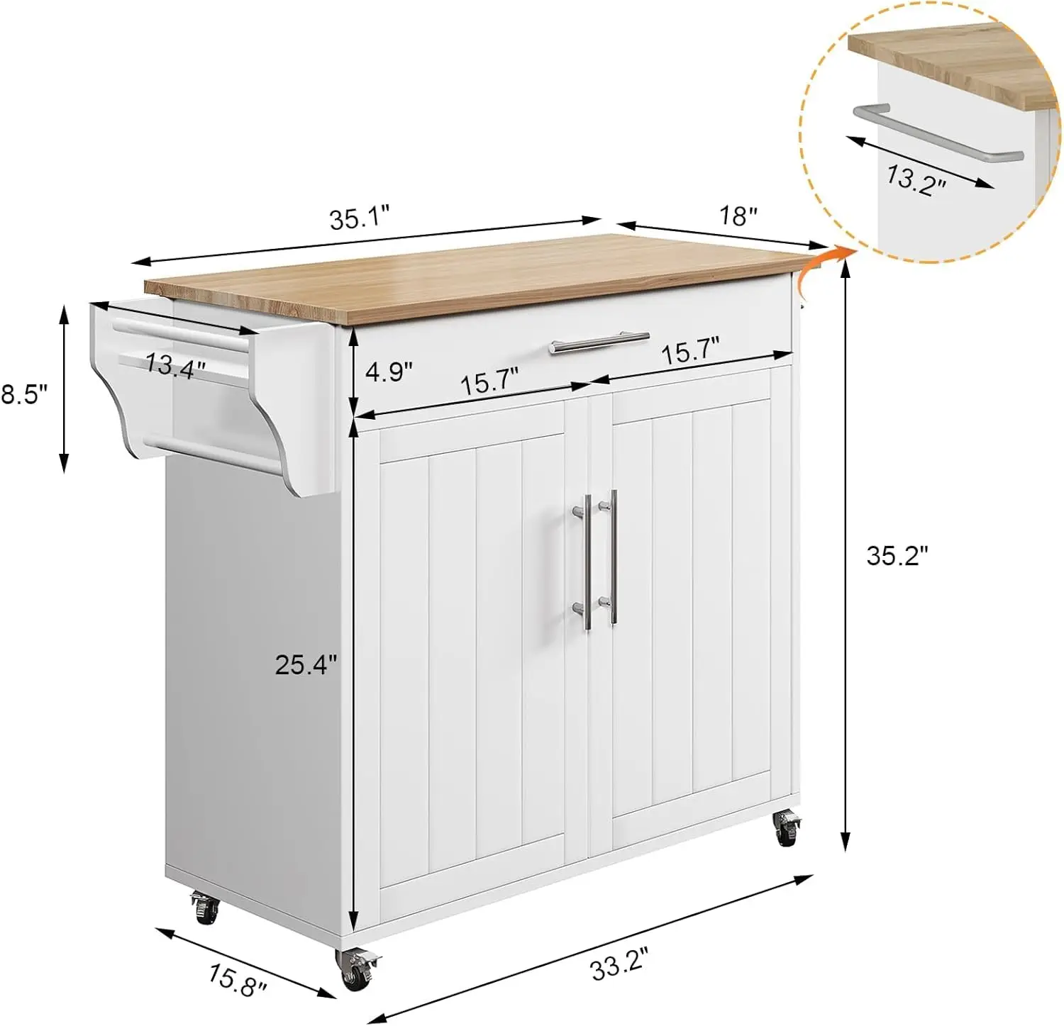 Wooden Rolling Kitchen Island Cart with Countertop Towel Rack Spice Rack Drawers on Wheels White, Customized