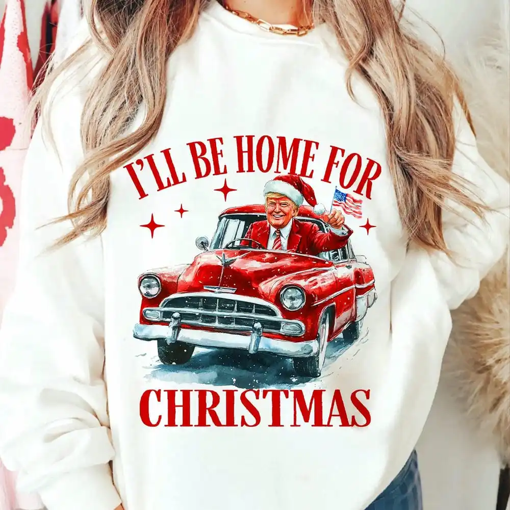 

Unisex Sweater Christmas Gift Trump I'll Be Home for Christmas Sweatshirt Casual Long Sleeve Fleece Sweatshirt Y2K Streetwear