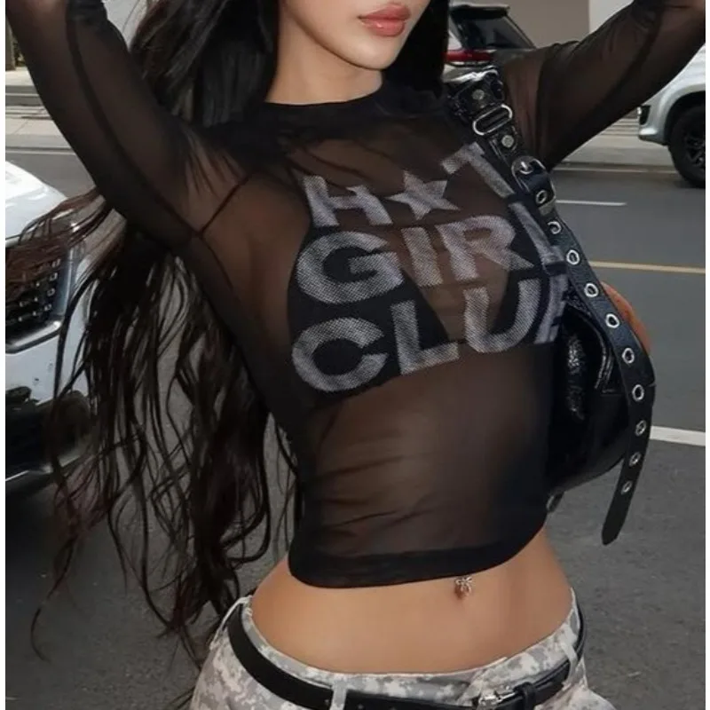 

2026 Spring New Women's Fashion Spice Girls Sexy Crew Neck Printed Mesh Perspective Slim Short T-Shirt Top