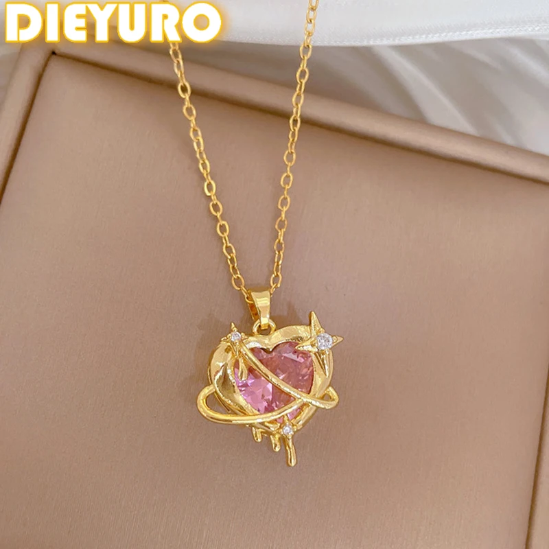 DIEYURO 316 Acero inoxidable Rosa cristal corazón Astral geométrico colgante collar mujeres impermeable nueva moda cuello cadena joyería