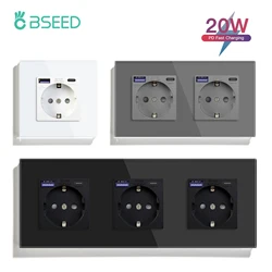 BSEED PD Fast Charge USB Type-C Wall Socket EU Standard Sockets Power Double Sockets Glass Triple Power Outlets Wall Mounted