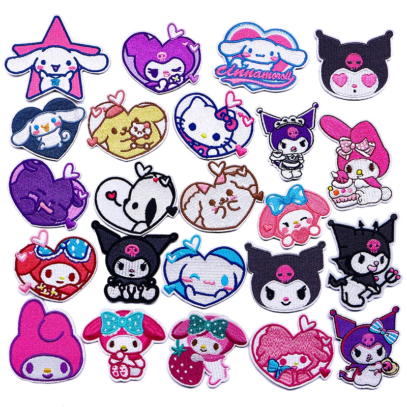 

MINISO Heart-shaped Hello Kitty Kuromi Bow Dog Icon Embroidery Applique Patches For Clothing DIY Iron on Patch on the stickers