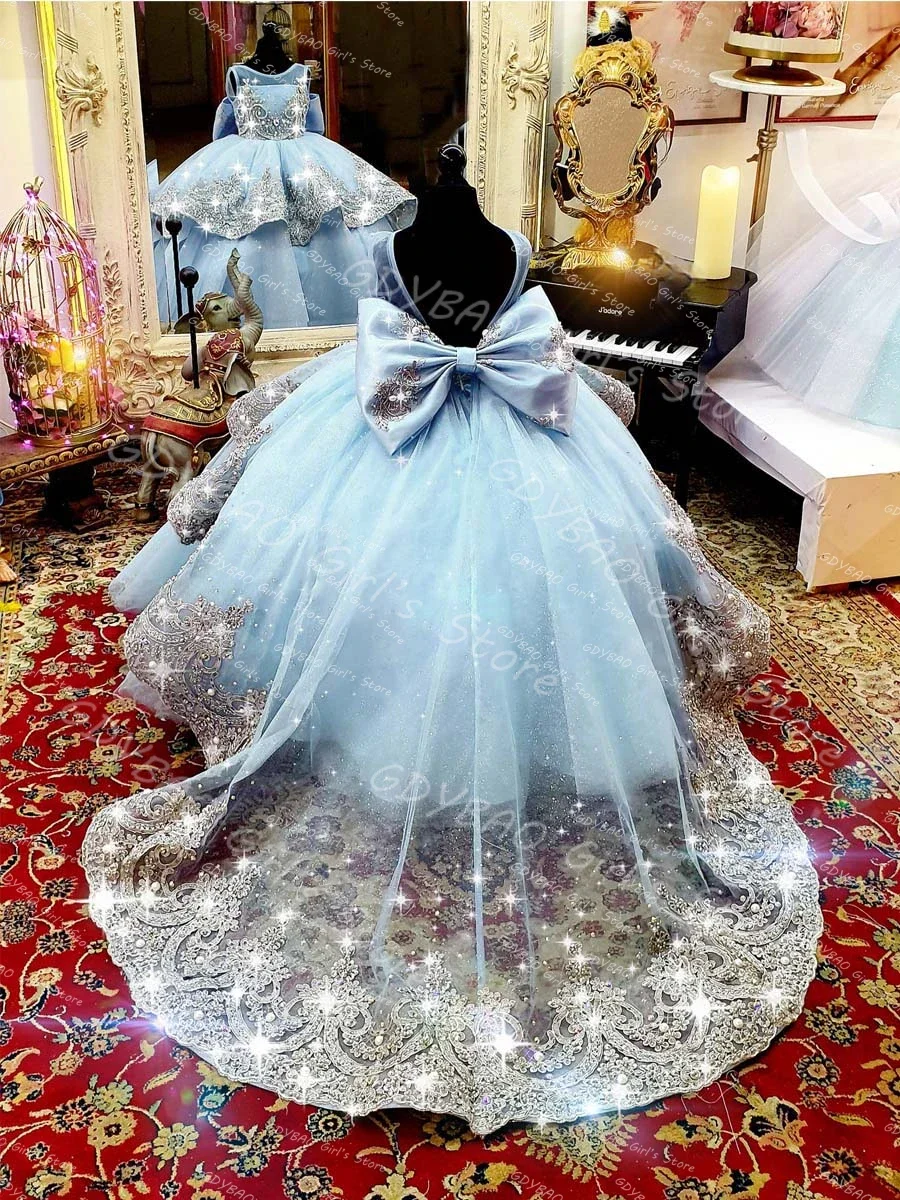 Sky Blue Princess Pageant Dress With Train 2025 Birthday Gown Kids Beaded Lace Flower Girl Dress Customized Wedding Party Frock