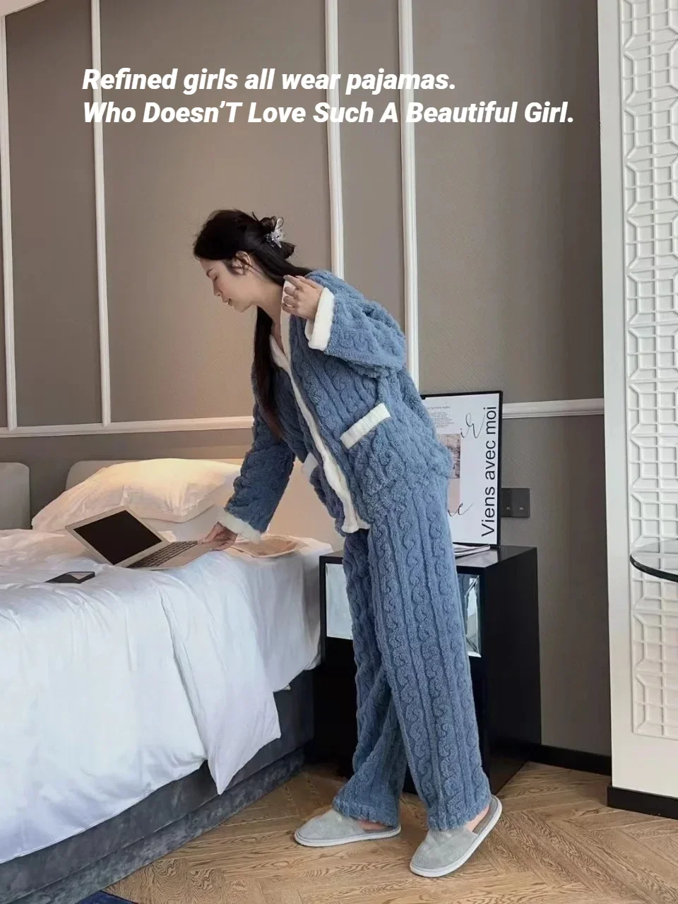 CHUANGERM Damen-Pyjamaset aus Korallenvelours, 2-teilig, für Herbst und Winter, verdickte, wärmende Homewear, bestehend aus Strickjacke und Hose, für Mädchen. – Detail 8