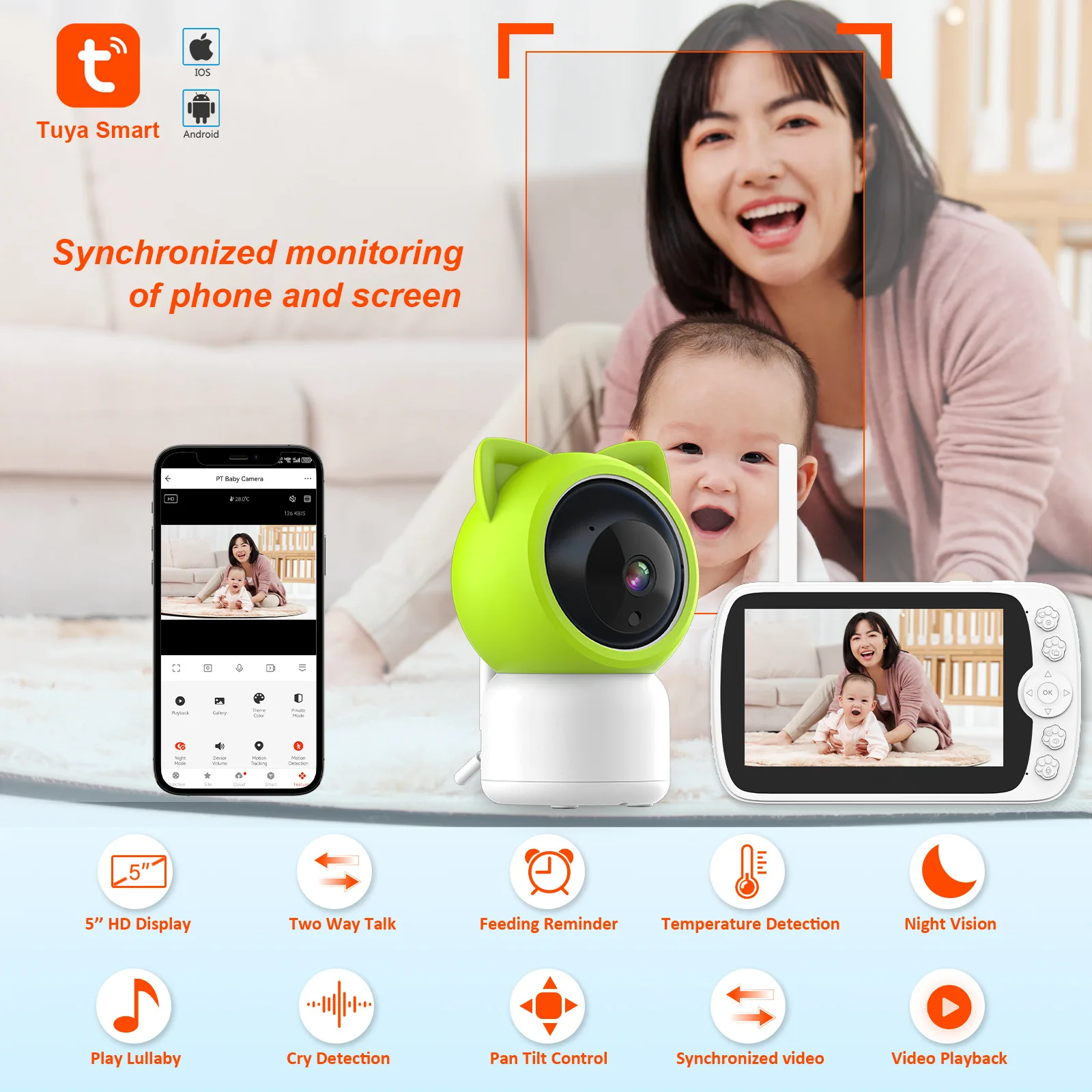 Tuya 5 inch dual-mode baby monitor mobile phone screen synchronous viewing