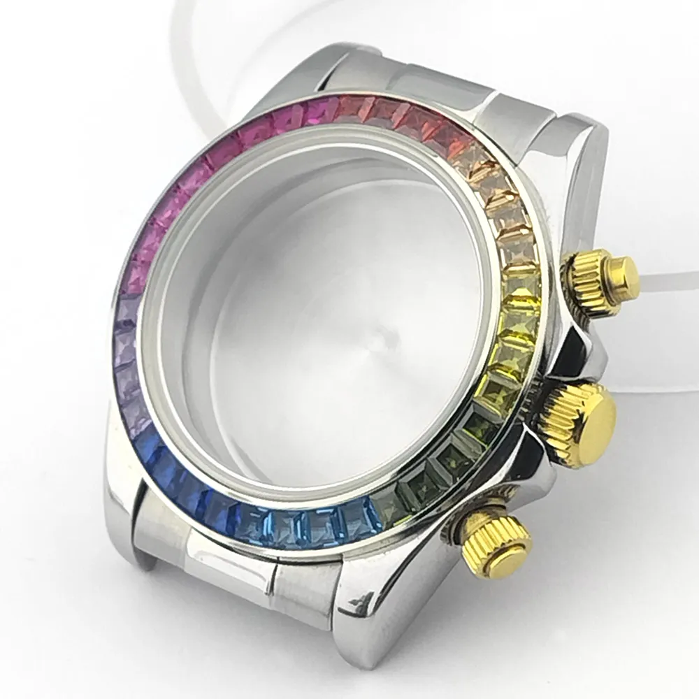 39,3 mm farbiges Kristall-Diamant-Gehäuse, passend für VK63-Uhrwerk, Silber, Roségold, Schwarz, Uhrenzubehörteile, kann zusammengebaut werden. – Detail 6