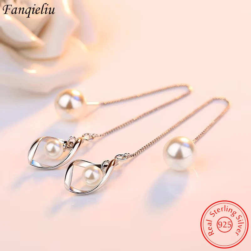 

Real 925 Sterling Silver Jewelry Fashion Hollow Leaf Long Chain Pearl Drop Earrings For Women FQL22155