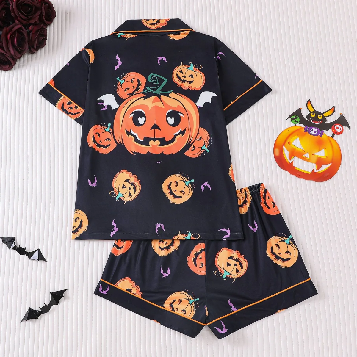 Piżama na Halloween z nadrukiem dyni, z klapami, krótkim rękawem, szortami, zestaw odzieży domowej, ubrania do noszenia w domu.