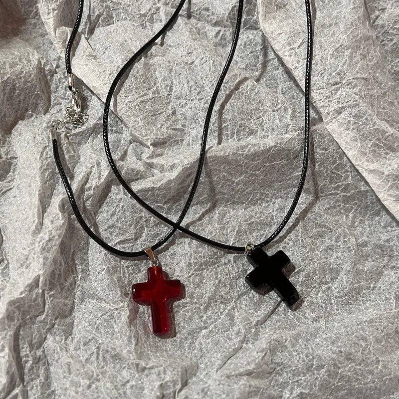 Vintage Gothic Black Rope Red Cross Pendant Necklace for Couple Jewelry Aesthetic Accessories