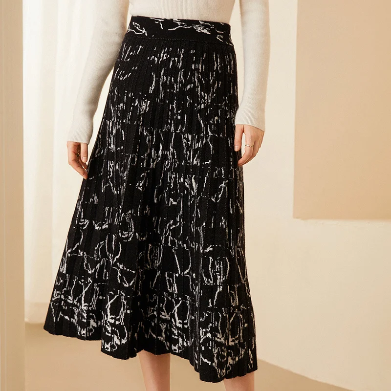 Oil Painting Jacquard Cashmere Skirt Women's Medium Length High Waist Slim Knit Wool A-line Pleated Skirt in Autumn and Winter