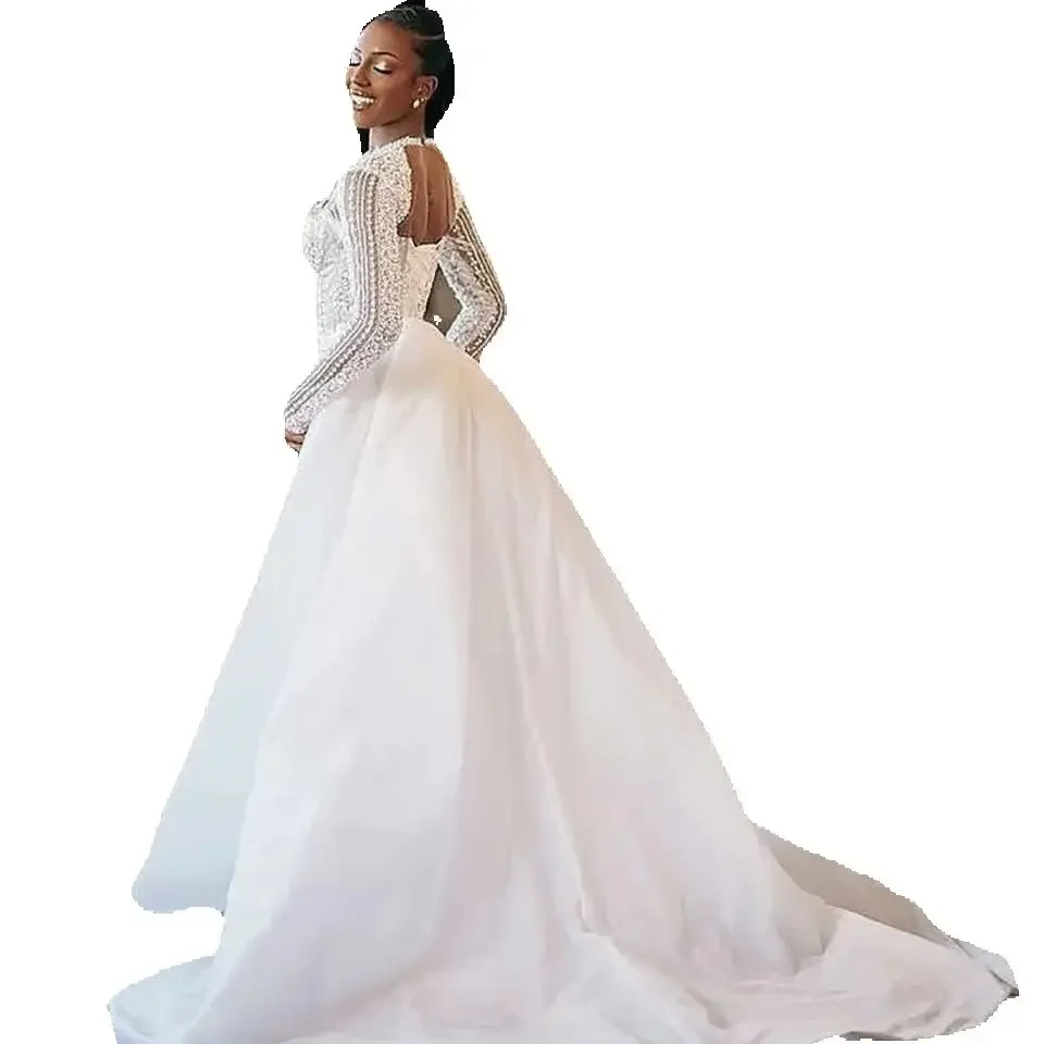 Customized Sheer Neck Sparkly Heavy Beads Crystals  Mermaid Wedding Dress with Removable Skirt Long Sleeves Luxury  Bridal Gowns