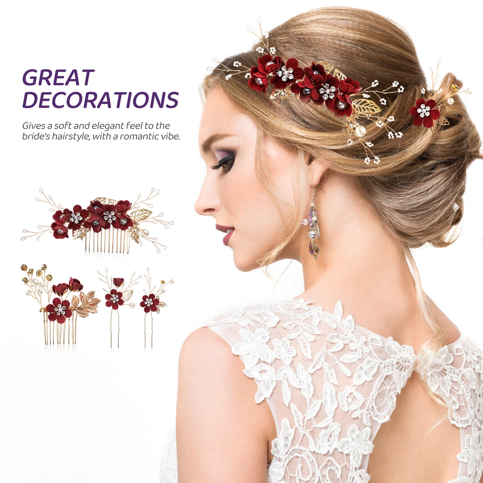 

2 Set Headgear Comb Hair Combs Wedding Accessories Bridal Bridesmaid Pearls Rhinestones Flower Leaf Decoration Party Prom