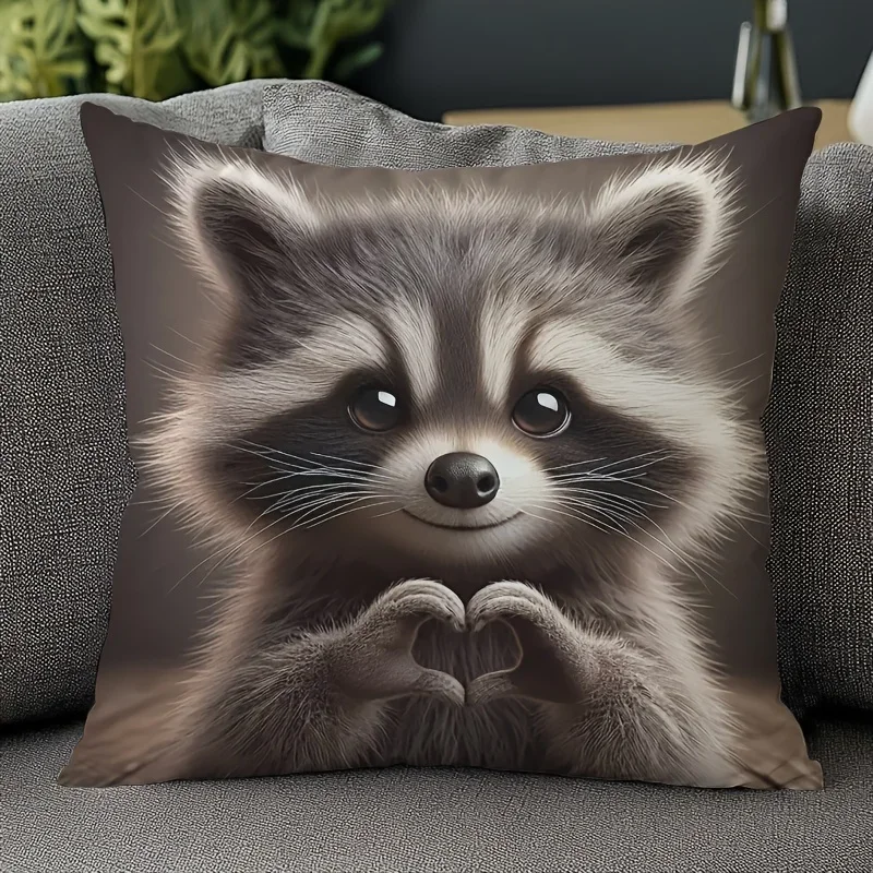 Adorable Raccoon Heart Gesture Pillow Cover for Cozy Home Decor and Comfortable Sofa Cushion, Perfect Unique Gift