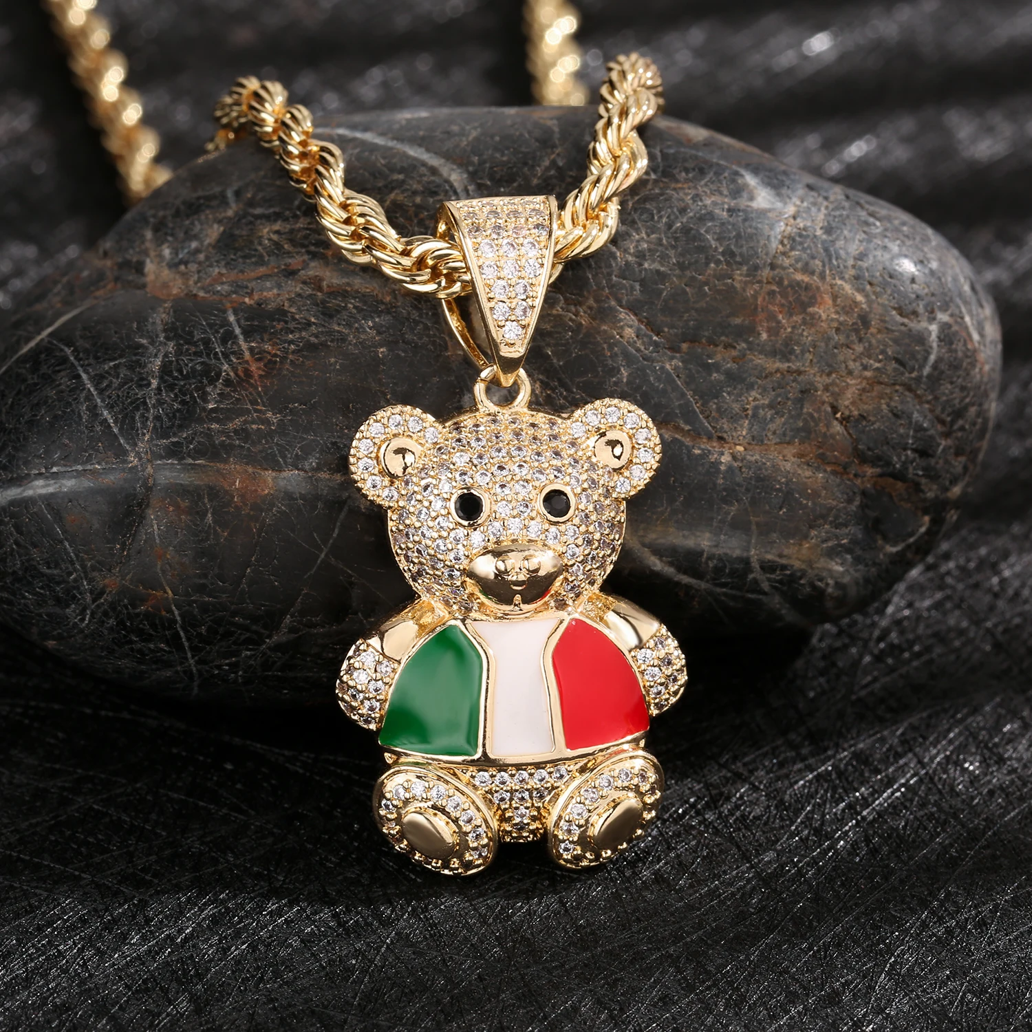 Fashionable and cute bear shaped colorful necklace, Italian map flag pendant, copper high-quality hip-hop jewelry