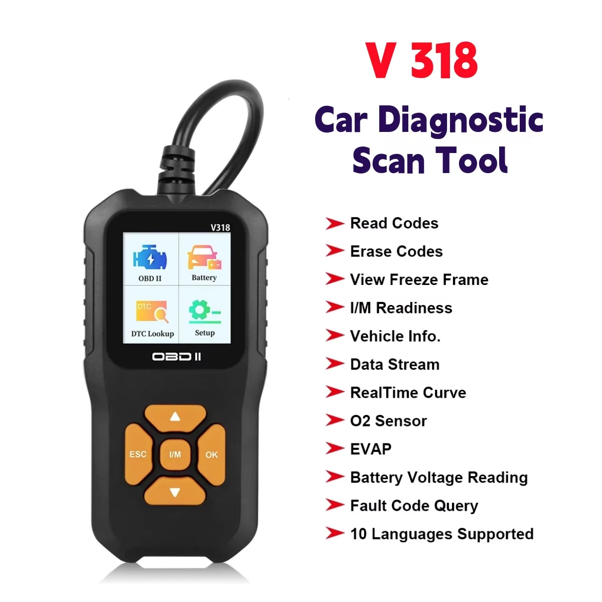 

V318 OBD2 Автомобильный диагностический сканер Автомобильный считыватель кодов ODB2 Сканер OBD 2, инструменты для проверки системы двигателя PK ELM 327 V 1 5