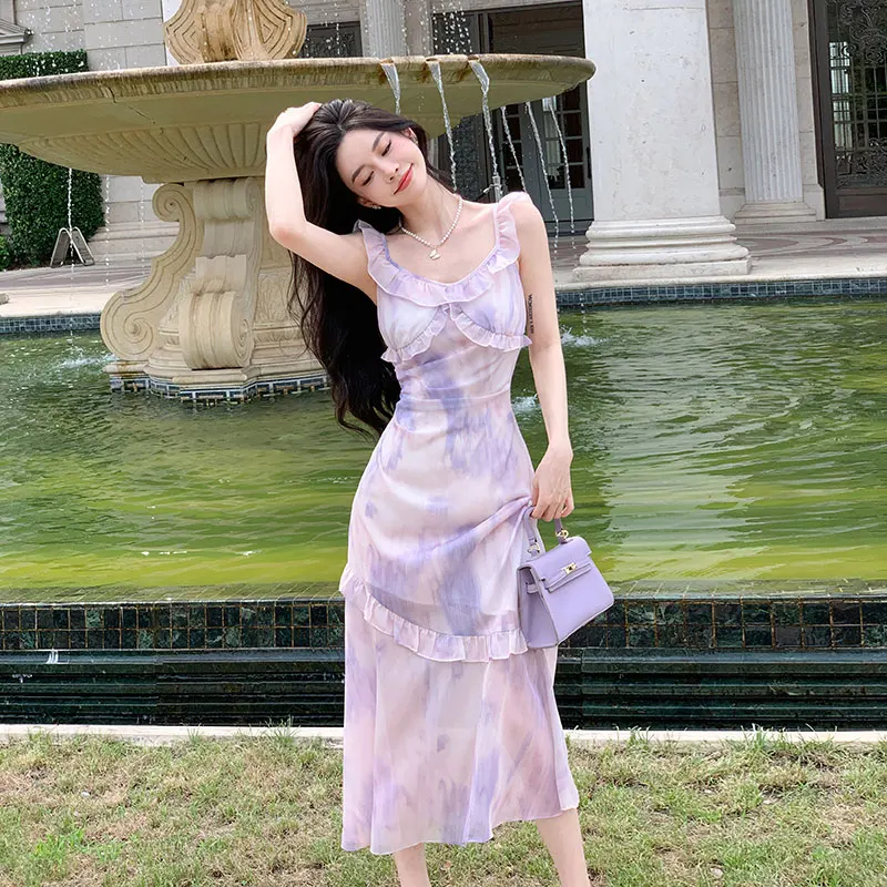 Elegant Gentle Wind Beach Dress Halter Neck Long Skirt Korean Style High Waist No Sleeve Floral Pattern Zipper Closure Summer...