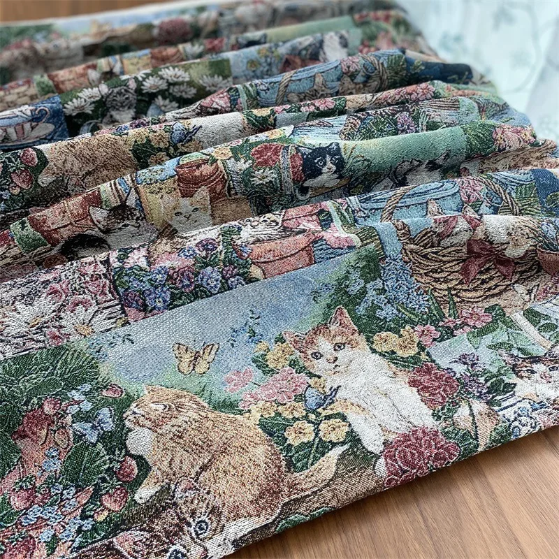 150x100cm Catone Cat Lovely Idyllic Fabric Cloth Yarn-Dyed Jacquard DIY Tablecloth Table Curtain Clothing Skirt Fabrics