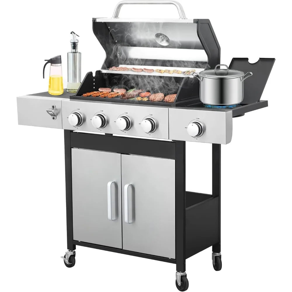 

4-Burner Propane Gas Grill with Side Burner, 46,000 BTU Outdoor BBQ Grill with Porcelain-Enameled Cast Iron Grates and Griddle P