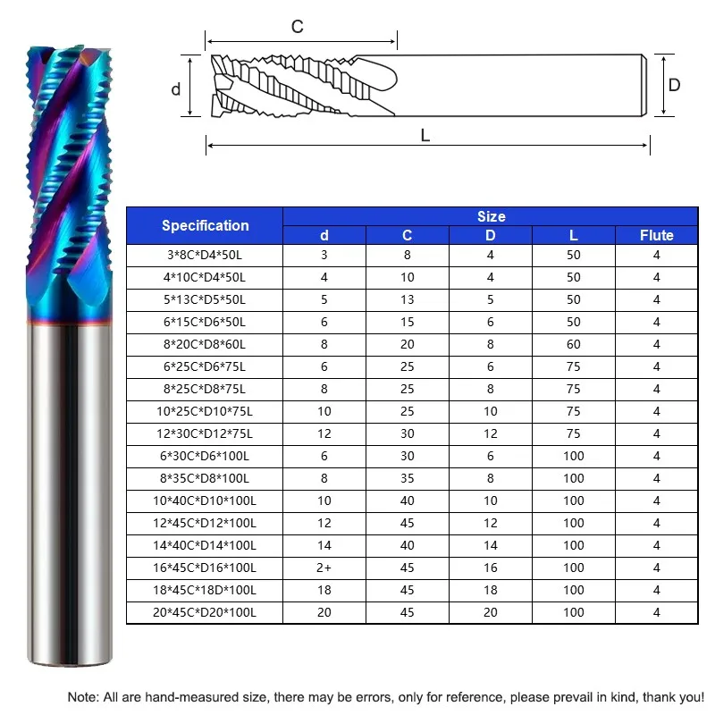 YIFINO HRC65 4-Flute Blue Nano Coating End Mill Tungsten Steel Carbide Roughing Milling Cutter For CNC Machining Endmills Tools