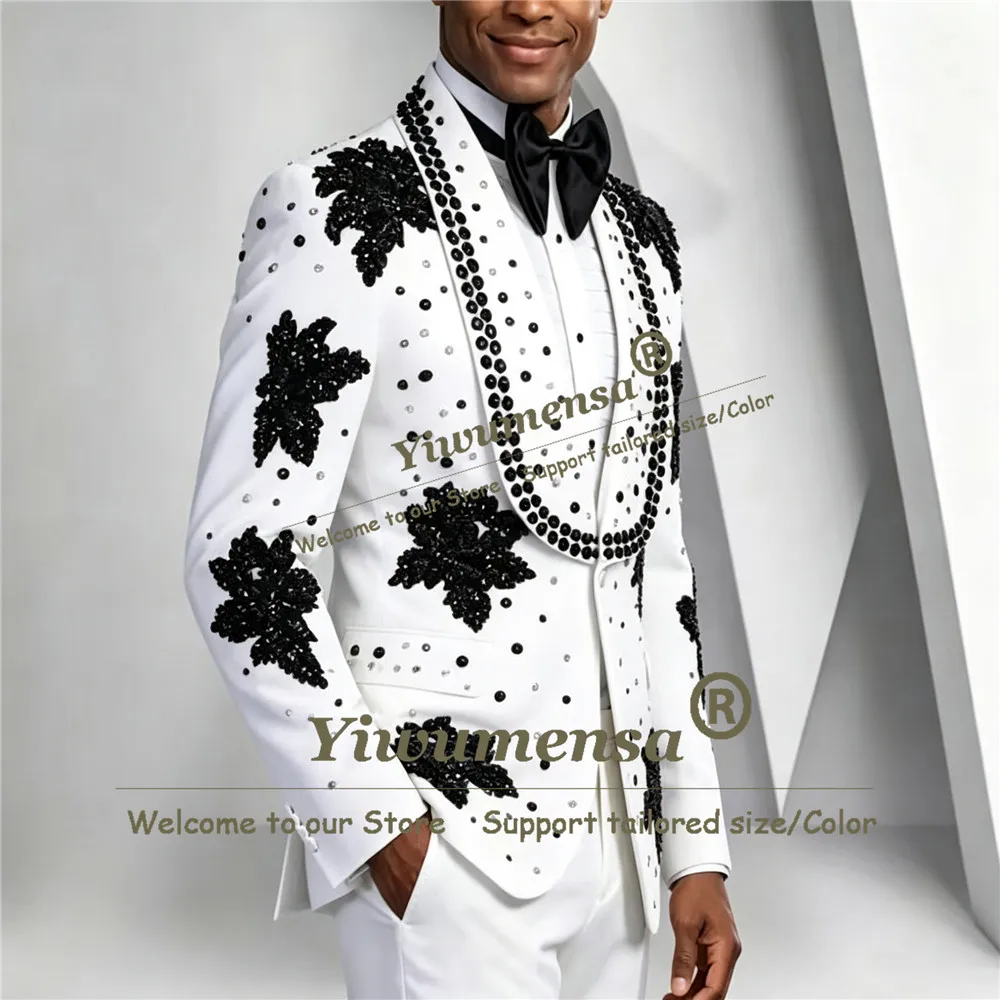 High‑impact Groom Wedding Suit For Man Black Beading Floral Stones Prom Blazer Pants 2 Piece Sets Shawl Lapel Costumes Hommes