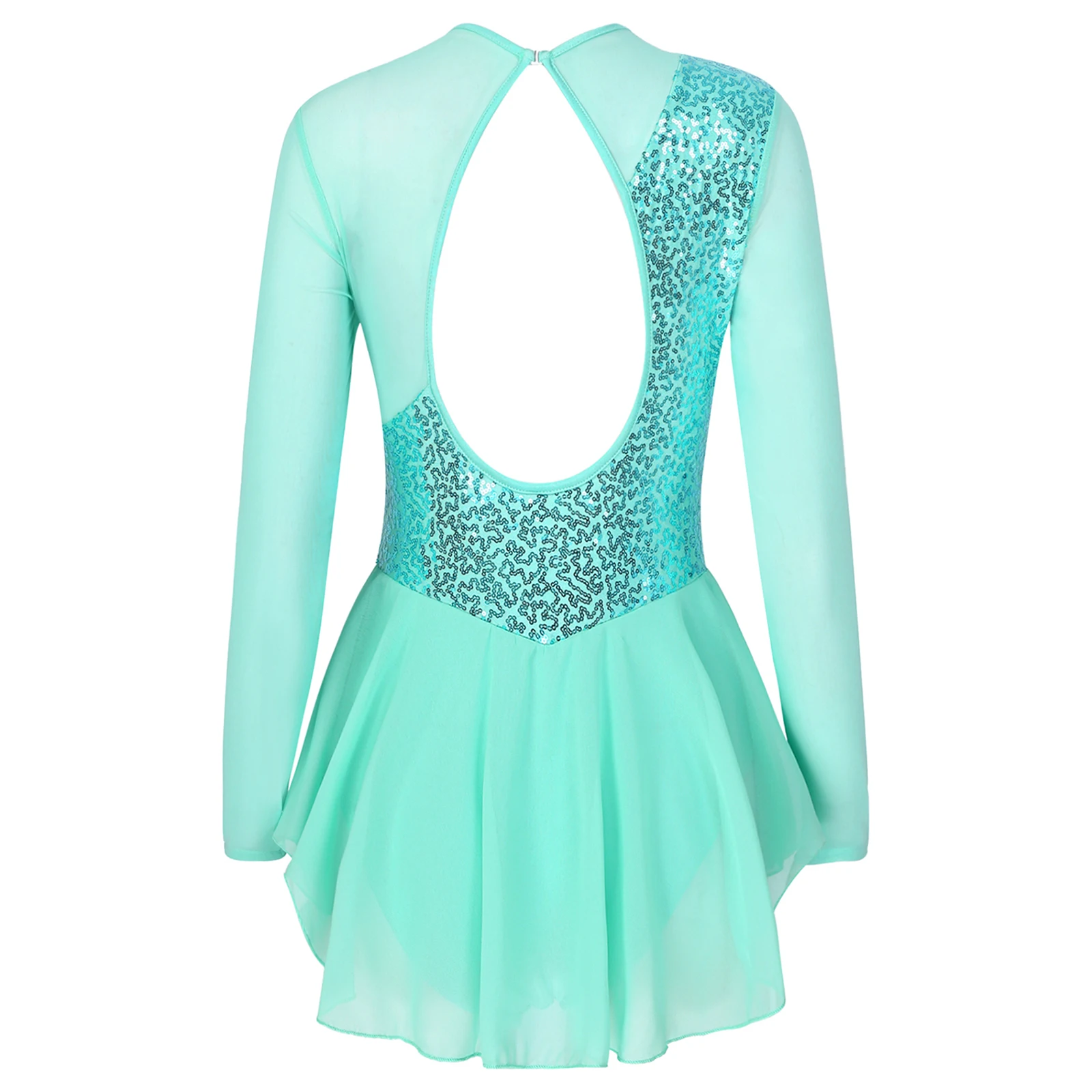 Sequins รูปสเก็ตน้ำแข็ง Roller สเก็ตเต้นรำเครื่องแต่งกายผู้หญิง Tulle Gymnastic Leotard แขนยาวตาข่าย Splice บัลเล่ต์ Dancewear