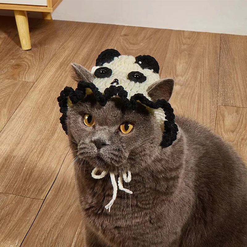 

Hand-crocheted Panda-shaped Pet Cat Headdress Dog Knitted Elastic Knitted Hat Pet Photo Props Suitable for Small Dogs
