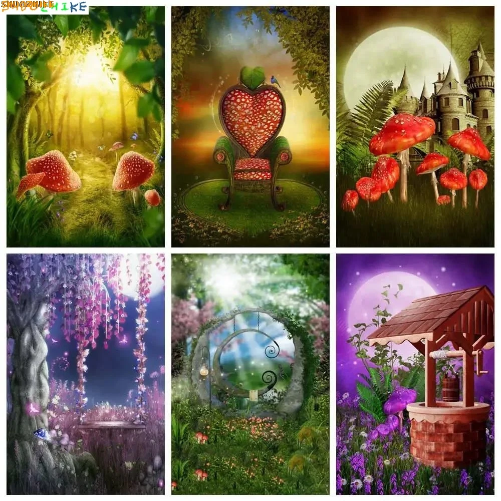 

Fairy Forest Birthday Backdrop Stand Photography Decoration Custom Children Castles Queen Chair Mushroom Party Photo Background