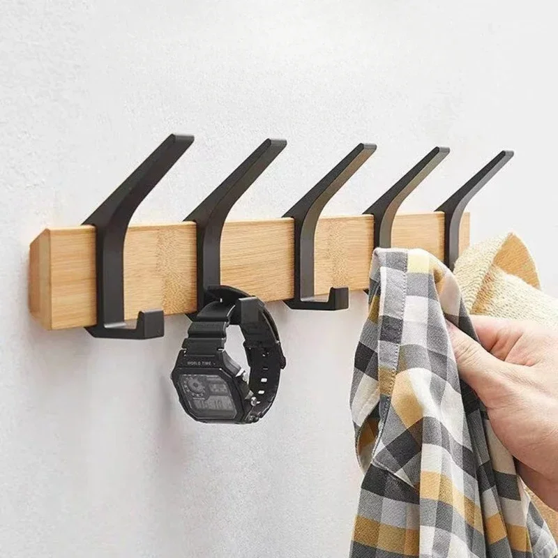 

Nordic Wall Mounted Coat Rack Aluminum Clothing Rail Movable 5 Hooks Hanger Wooden Perchero Hanger Hat & Robe Hanging Rack