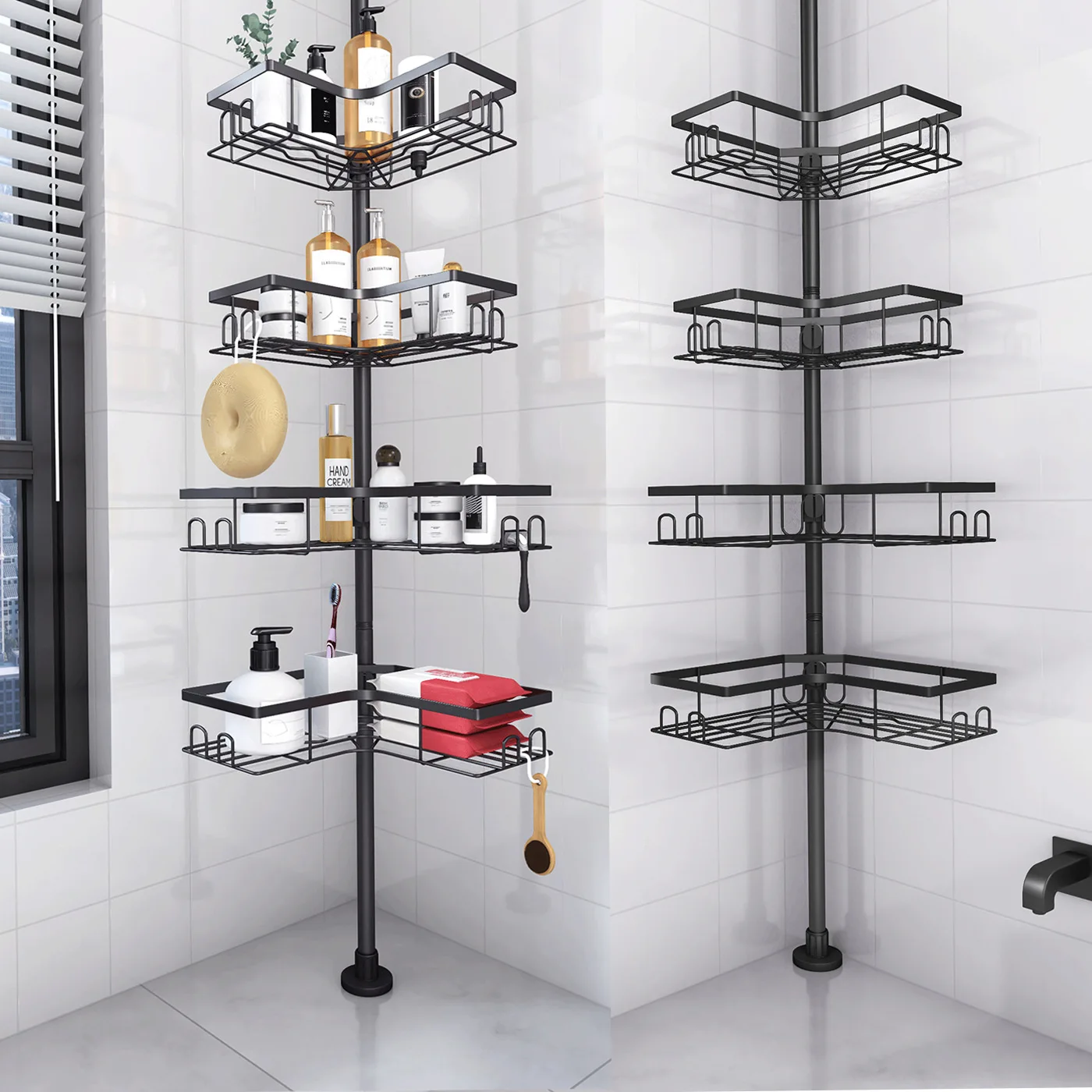 Adjustable Telescopic Shower Rack Stainless Steel Floor-to-Ceiling Bathroom Storage Rack Metal Rustproof  Space-Saving Organizer