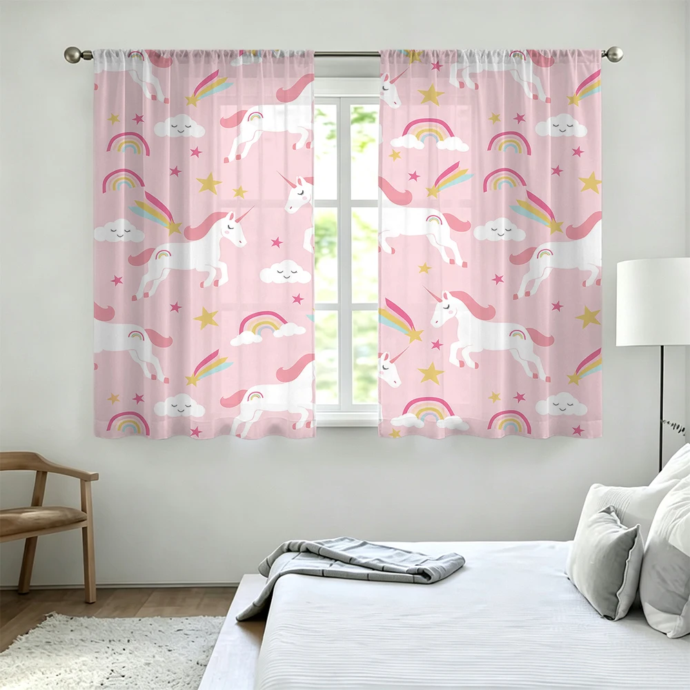 2Pcs All Over Print Rainbow Unicorn Rod Pocket Curtains Light Blocking Privacy Window Curtains For Bedroom Living Room Cute K