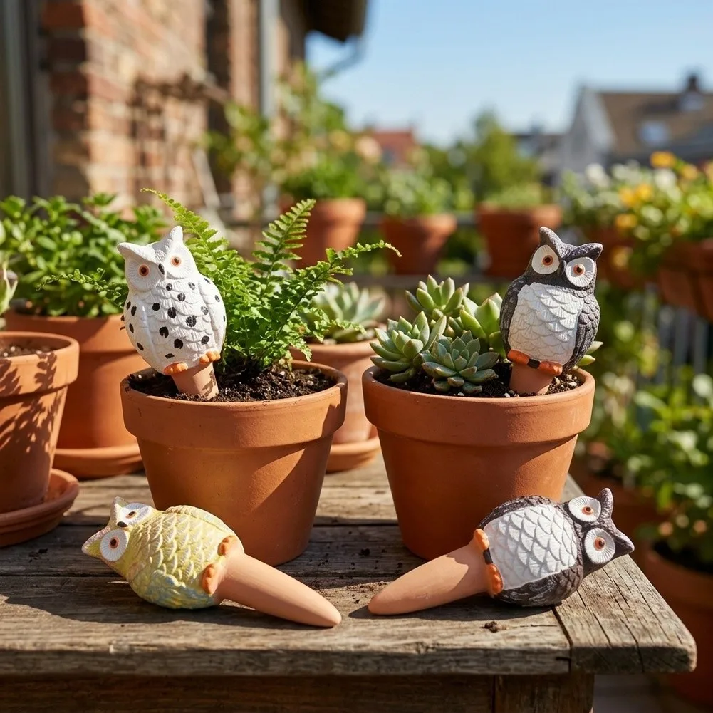 Owl Style Terracotta Self Watering Spikes for Potted Plants Indoor Outdoor Herbs Succulents Flowers 4 Pack 18.5 x 7.5 cm Size