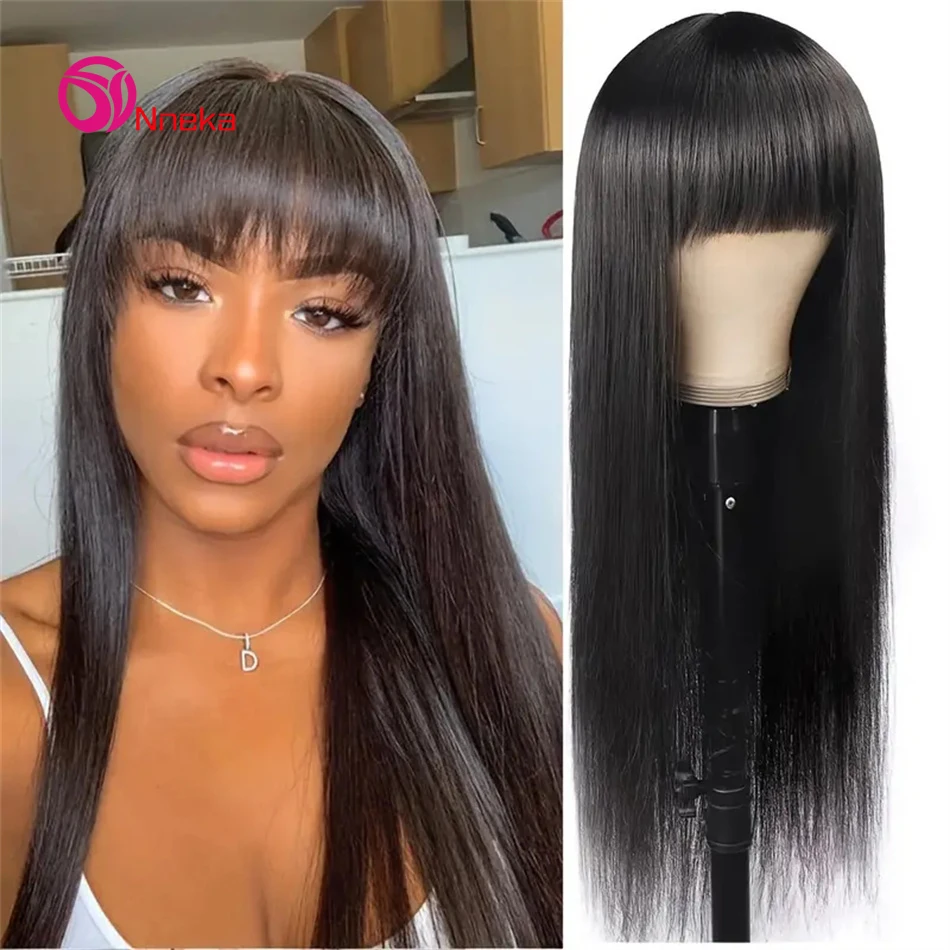 

34 inches Straight Human Hair Wigs With Bangs 200% Density Brazilian Straight Wigs 100% Human Hair Full Machine Made With Bangs