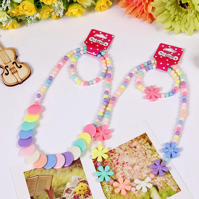 New Fashion Candy Color Beads Necklace Bracelets Kids Cute Flower Bow Strawberry Necklace for Party Birthday Jewelry Gift