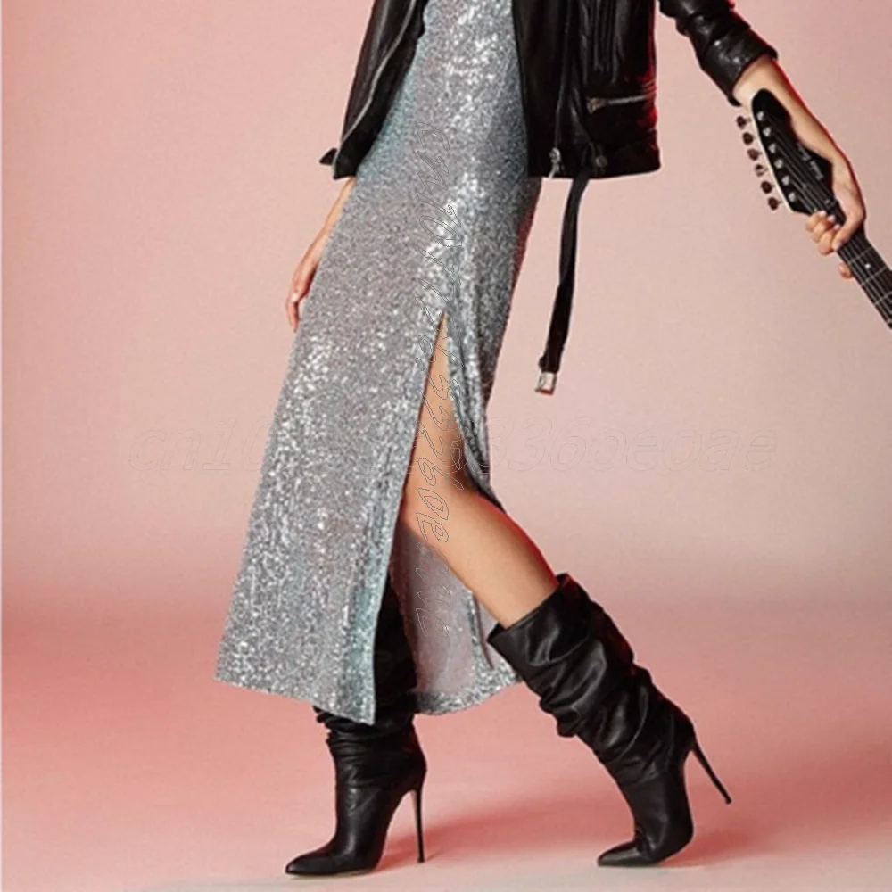 

Black Pleated Trouser Boots Pointed Toe Solid Mid Calf Boots Matte Leather Sexy High Heels Women's Shoe 2025 Zapatos Para Mujere