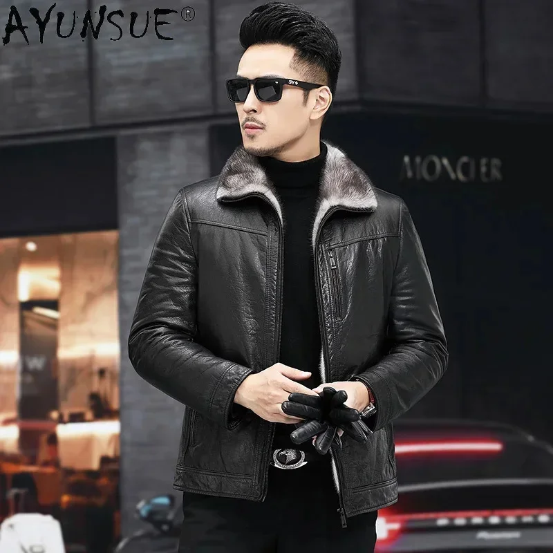 AYUNSUE Winter Warm Natural Mink Fur Liner Coat Men Real Cow Leather Jacket Cowhide Coats Mens Clothing Chaquetas Hombre WPY4399