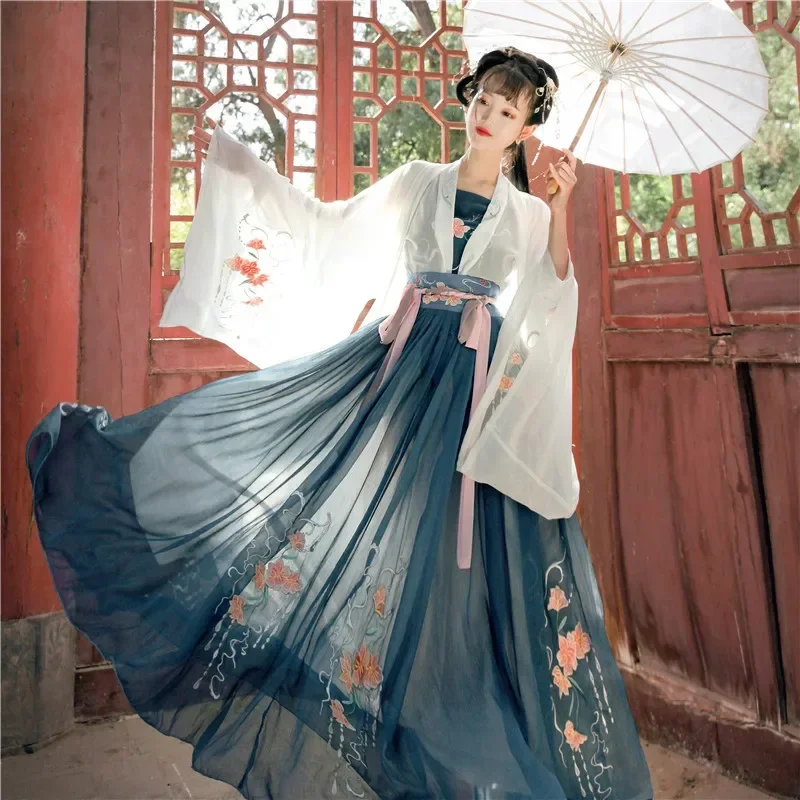 Traje tradicional chinês para mulheres, vestido de fada, bordado, dinastia Tang, princesa hanfu, roupa de dança folclórica azul, conjunto de 4 peças