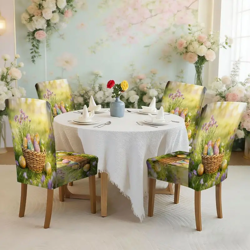 Flat print stretch dining chair cover set Wicker basket with painted Easter egg pattern on spring grass, chair cover