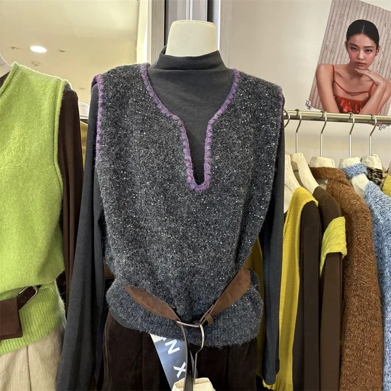 

Корейский Sle 2025, осенний новый модный облегающий вязаный жилет и высокий воротник, базовый комплект из двух предметов, топ, женский топ